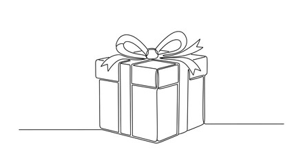 Minimalist continuous line drawing of a gift box with ribbon for celebration event