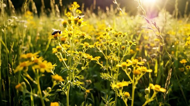 Bumblebees Pollinating Yellow Ragwort Flowers in Summer Meadow, Backlit