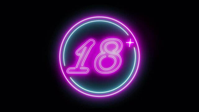 Isolated glowing 18+ neon sign on alpha channel transparent background. 4k animation video