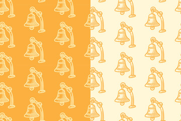 Hanging ship bell engraving seamless pattern on yellow beige background set for merchandise. Nautical vessel chime line art doodle pattern background. Ringer, gong, tinkle hatching motif wallpaper