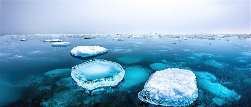 Chunks of ice float on the surface of a deep blue ocean. The water is clear enough to see submerged ice formations below. The sky is overcast and hazy, creating - Powered by Adobe