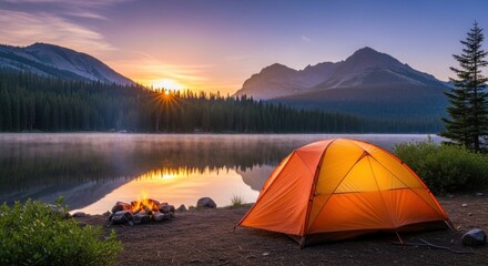 An orange tent pitched near a calm lake at sunset, with a mountain range in the background.