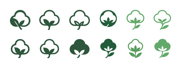 Obraz premium Green cotton plant icons set in various styles