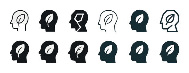 Minimalist profiles of human heads with leaf symbols in monochrome styles