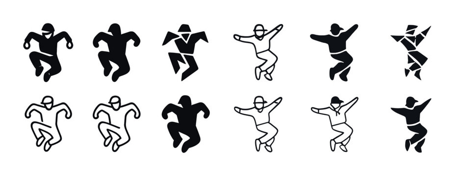 Silhouette patterns of dynamic jumping figures in black and white