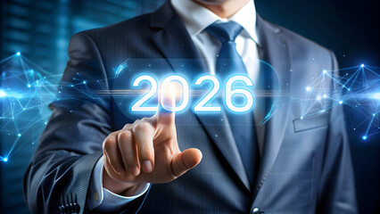 Businessman touching vibrant 2026 screen for innovative tech solutions and financial growth in the new year