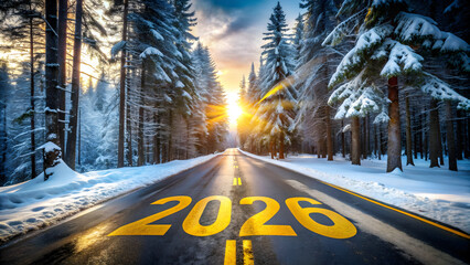 Drive into the stunning 2026 new year across snowy winter road with sunburst and evergreen trees