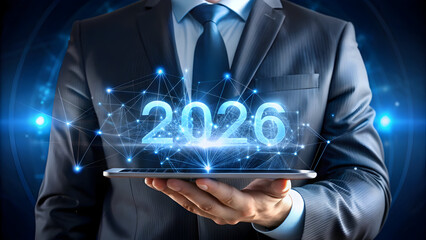 Visionary business leader presenting 2026 technology forecast with tablet in dynamic modern networking environment