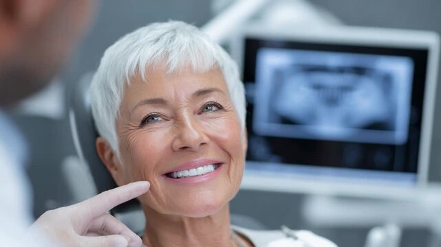Smiling Patient's Dental Consultation: An elderly patient with a radiant smile consults with a dentist, a dental X-ray forming a backdrop to a scene of patient care and assurance.