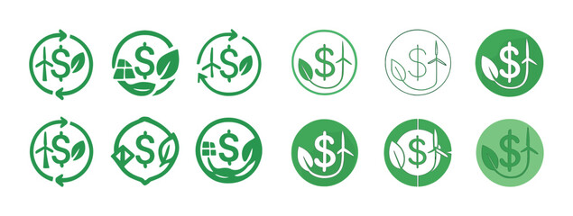 Fototapeta premium Green energy finance symbols: dollar, leaves, renewable elements