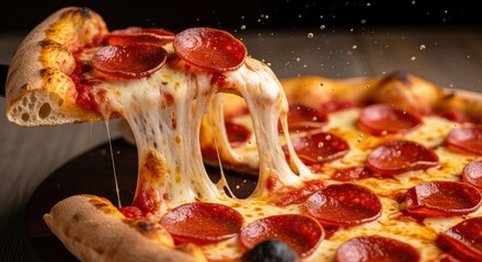 A slice of pepperoni pizza with melted cheese and pepperoni toppings on a wooden table.