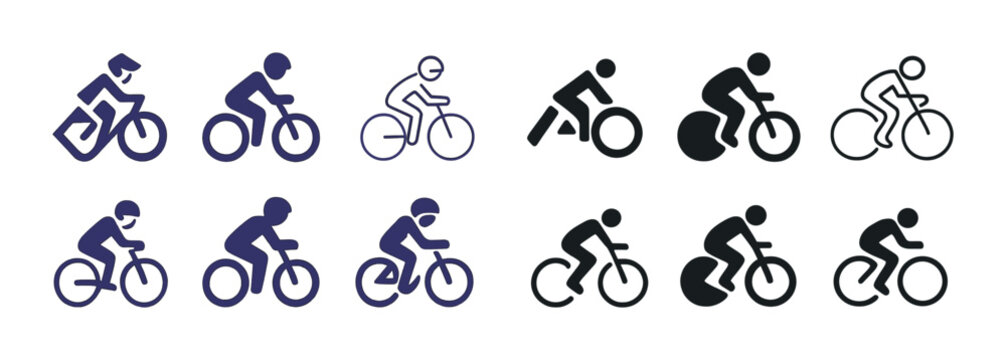 Set of bicycle icons featuring various cyclist silhouettes in different riding positions