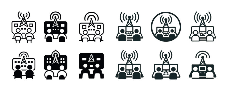 Radio broadcasting icons set: antennas, signals, communication, technology