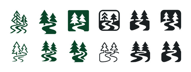 Fototapeta premium Forest path icons: nature trail symbols with evergreen trees