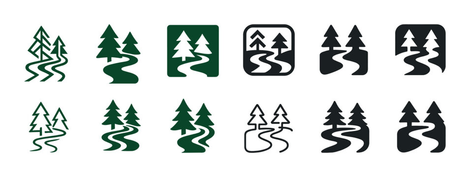 Forest path icons: nature trail symbols with evergreen trees