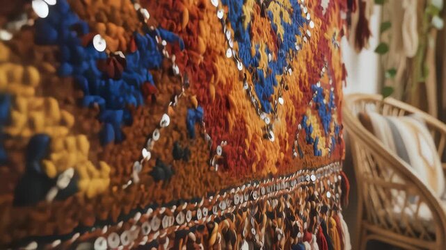 Close Up View of Handwoven Berber Style Rug With Tassels and Sequins