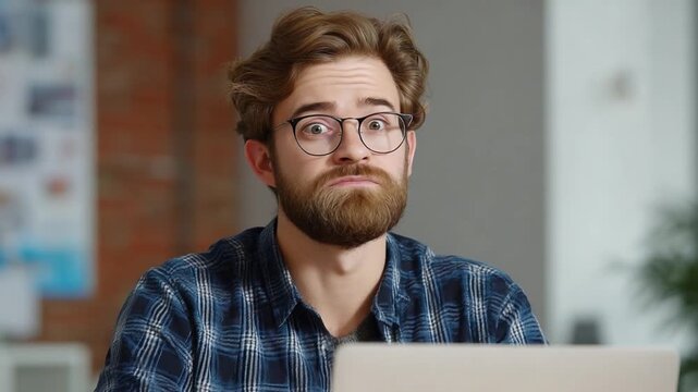 Intense Focus: A serious man wearing glasses gazes intently into the computer screen, lost in deep thought, reflecting concentration and critical analysis.