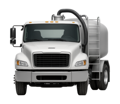 Restroom service vehicle with side tank and rear access ladder.