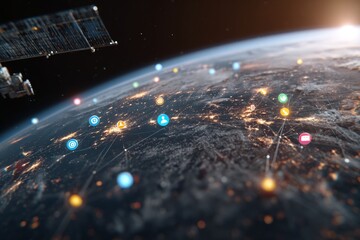 Orbiting satellites: bridging the cosmic gap with data transmission. Virtual collaboration symbol. Harnessing the starry night: a satellite's journey and purpose. Social media interaction.
