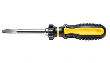 Flathead screwdriver with yellow and black ergonomic grip handle
