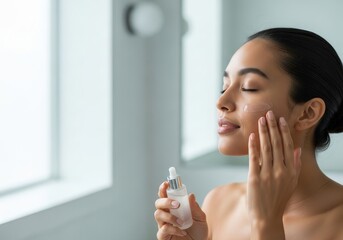 Serene Young Woman Applying Face Serum for Radiant Skin in a Self-Care Moment