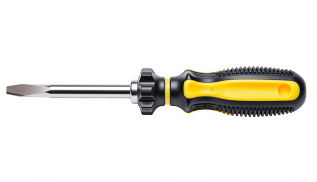 Flathead screwdriver with yellow and black ergonomic grip handle