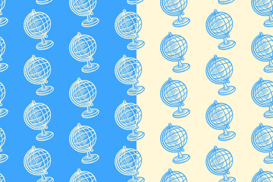 Earth globe model engraving seamless pattern on blue beige background set for adventure merchandise. World sphere line art doodle pattern background. Terrestrial map globe hatching motif wallpaper