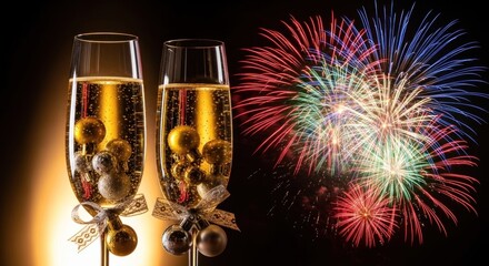 Two champagne glasses with Christmas decorations and fireworks in the background.
