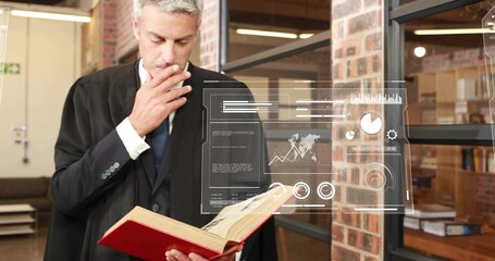 Holding red hardcover book lawyer in suit-and-robe reading at law-library with AR HUD, copy space