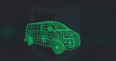 Displaying wireframe mid-sized van model occupying center in digital 3D showroom, with grid floor