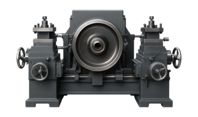 Rotary wheel lathe for efficient maintenance of locomotive wheels.