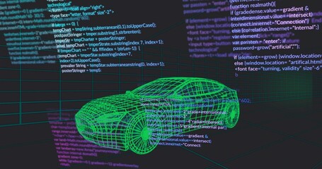 Rendering green wireframe car model hovering over grid plane in virtual workspace, with code panels