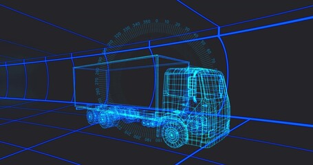 Fototapeta premium Showing neon wireframe cargo truck occupying virtual tunnel center, with grid floor and angle HUD