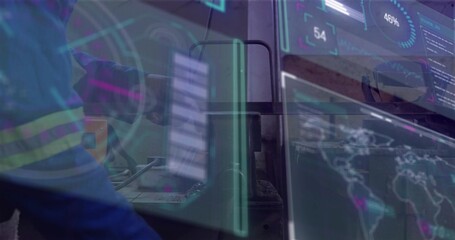 Checking tech in blue hivis jacket, reflective-tape, monitoring HUD at control room, copy space