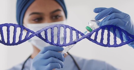 Clinician wearing headscarf drawing from vial with syringe in clinic, with blue DNA overlay