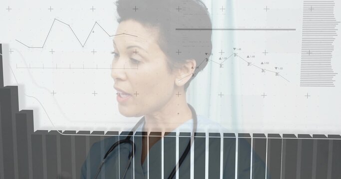 Speaking mature clinician wearing scrub top and stethoscope in clinic merging with bar or line graph - Powered by Adobe