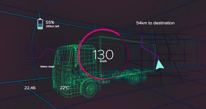 Displaying neon-green-wireframe-semi-truck in 3D grid tunnel, showing 130 km or h gauge, 55%, 54km