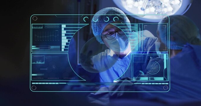 Using surgeon in scrubs mask cap operating hologram display at OR table under surgical light - Powered by Adobe