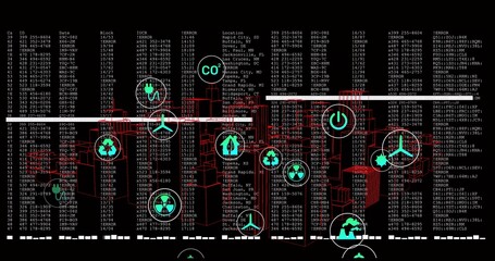 Displaying wireframe city running on dashboard, showing red buildings, teal icons, data columns