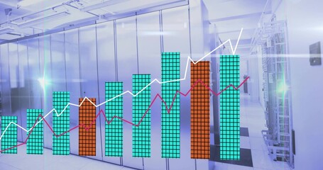Displaying chart overlay on server room aisle, showing teal orange bars, white-magenta trend lines