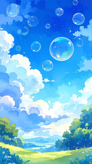 Fototapeta premium 公園の青空に浮かぶシャボン玉の水彩画風イラスト
