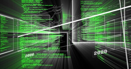 Fototapeta premium Streaming code panels and wireframes forming virtual data corridor, white streaks, labels 2000 2020