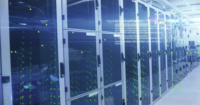 Running glass-front server cabinets with LED indicators along data center aisle, with green binary - Powered by Adobe