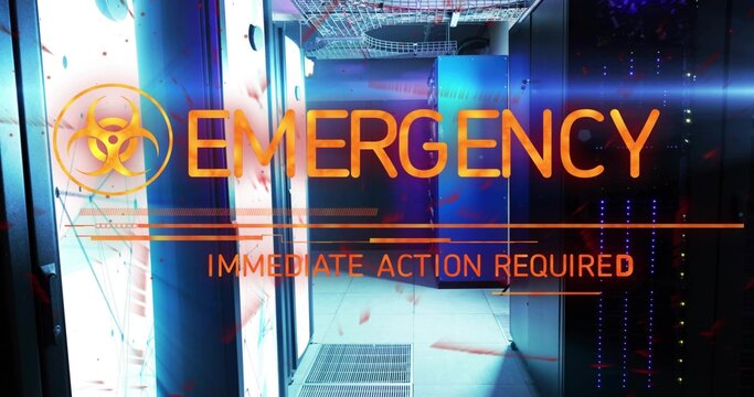 Dominating emergency alert graphic flashing across server aisle, with racks, LEDs, biohazard symbol