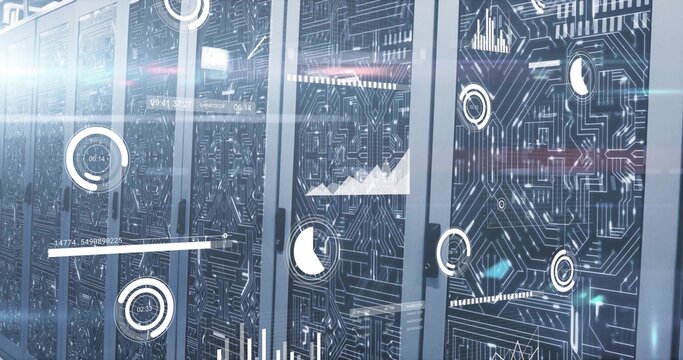 Illuminating row of server cabinets showing HUD graphics in data center, with LED indicators - Powered by Adobe