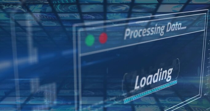 Displaying glassy UI panel processing data on data grid, showing green red leds and loading bar
