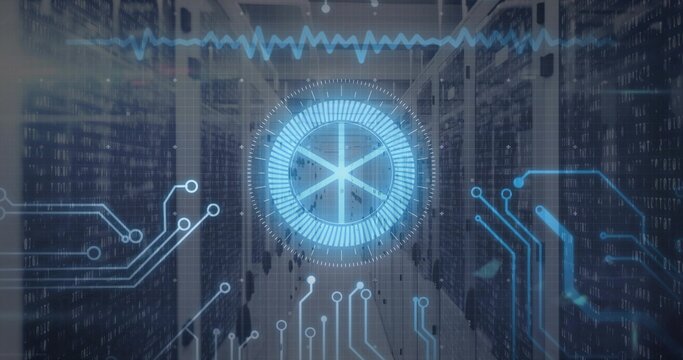 Projecting blue circular HUD overlaying data center aisle, showing server racks and LED indicators - Powered by Adobe