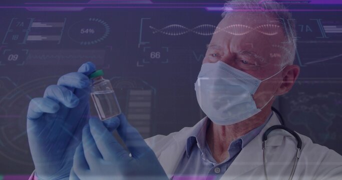 Holding white-coated doctor inspecting green cap vial in lab, wearing mask and gloves, HUD overlays - Powered by Adobe