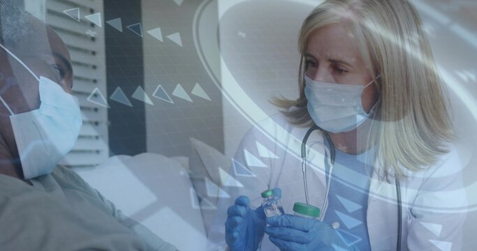 Showing female clinician in white coat holding two green vials at clinic, with gloves, stethoscope