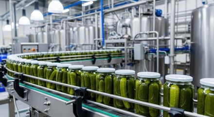 Pickles in Jars Moving Along Conveyor Belts in a Food Factory